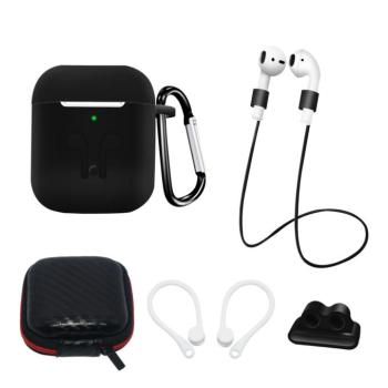 SILICONE Case Set AirPods 2 / AirPods 1 + tok / fülhorog / nyakpánt / óraszíj tartó / karabiner | fekete kép