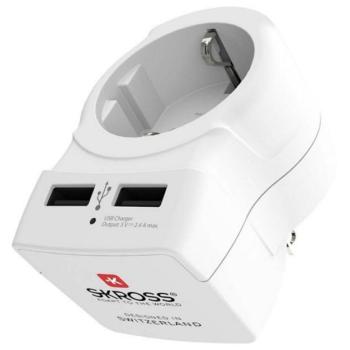 SKROSS hálózati csatlakozó adapter 2 USB aljzat (250V / 2400 mA, EU2 pin - UK, földelt, utazótöltő) FEHÉR kép