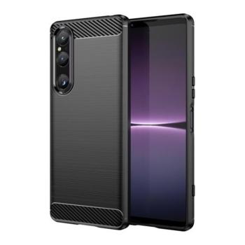 Sony Xperia 1 V, Szilikon tok, közepesen ütésálló, szálcsiszolt, karbon minta, fekete kép