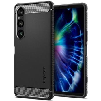 Sony Xperia 1 VI, Szilikon tok, Spigen Rugged Armor, karbon minta, fekete kép