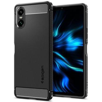 Sony Xperia 10 VI, Szilikon tok, Spigen Rugged Armor, karbon minta, fekete kép