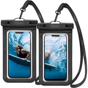 SPIGEN A601 vízhatlan / vízálló tok, AQUA 2db (univerzális, IPX8, nyakba akasztható, 6.8&quot; méret) FEKETE CAT S60, Apple iPhone 7 4.7, Blackberry DTEK50 , Vodafone Smart turbo 7 (VFD500), As kép