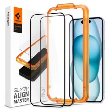 SPIGEN ALM FC képernyővédő üveg 2db (2.5D, ujjlenyomatmentes, extra karcálló, 9H, ultravékony, színkiemelés) ÁTLÁTSZÓ Apple iPhone 15 kép