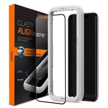 Spigen Alm Glass FC iPhone 11 Edzett üveg fekete teljes képernyős kijelzővédő fólia szerelőkerettel kép