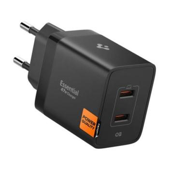 SPIGEN ESSENTIAL hálózati töltő 2 USB aljzat (47W, GaN, PD gyorstöltő 3.0) FEKETE kép