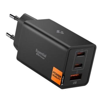 SPIGEN ESSENTIAL hálózati töltő USB+2 Type-C aljzat (67W, GaN, PD gyorstöltő 3.0) FEKETE kép