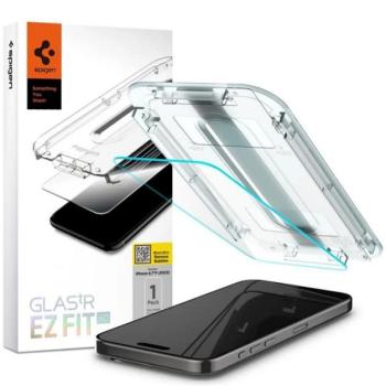 SPIGEN EZ FIT HD képernyővédő üveg (2.5D, tokbarát, ultravékony, 0.2mm, 9H + segédkeret) ÁTLÁTSZÓ Apple iPhone 15 Pro kép