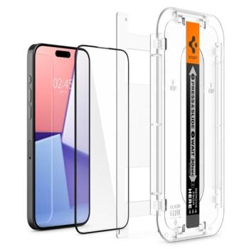 SPIGEN EZ FIT HD képernyővédő üveg (2.5D, tokbarát, ultravékony, 0.2mm, 9H + segédkeret) FEKETE Apple iPhone 15 Pro kép