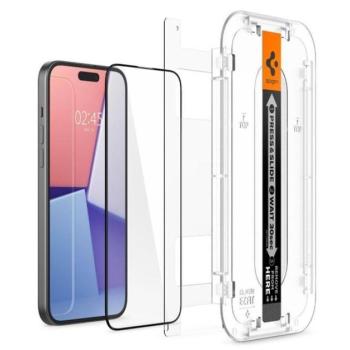 SPIGEN EZ FIT HD képernyővédő üveg (2.5D, tokbarát, ultravékony, 0.2mm, 9H + segédkeret) FEKETE Apple iPhone 15 kép