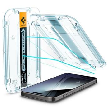 SPIGEN EZ FIT HD képernyővédő üveg 2db (2.5D, tokbarát, ultravékony, 0.2mm, 9H + segédkeret) ÁTLÁTSZÓ Apple iPhone 15 Pro kép