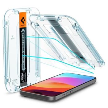 SPIGEN EZ FIT HD képernyővédő üveg 2db (2.5D, tokbarát, ultravékony, 0.2mm, 9H + segédkeret) ÁTLÁTSZÓ Apple iPhone 15 kép