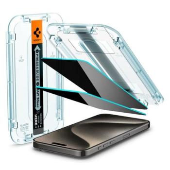 SPIGEN EZ FIT képernyővédő üveg 2db (2.5D, tokbarát, ultravékony, 0.2mm, 9H + segédkeret) ÁTLÁTSZÓ Apple iPhone 15 Pro Max kép