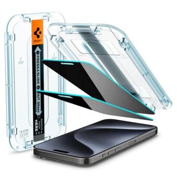 SPIGEN EZ FIT képernyővédő üveg 2db (2.5D, tokbarát, ultravékony, 0.2mm, 9H + segédkeret) ÁTLÁTSZÓ Apple iPhone 15 Pro kép