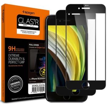 SPIGEN FC képernyővédő üveg 2db (2.5D, ujjlenyomatmentes, karcálló, 9H, ultravékony, 0.3mm, színkiemelés) FEKETE Apple iPhone 7 4.7, Apple iPhone 8 4.7, Apple iPhone SE 2 (2020), Apple iPhon kép