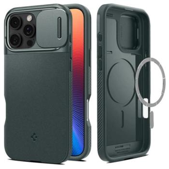 SPIGEN OPTIK ARMOR MAG műanyag telefonvédő (szilikon keret, kameravédő, MagSafe kompatilibis) SÖTÉTZÖLD Apple iPhone 16 Pro kép