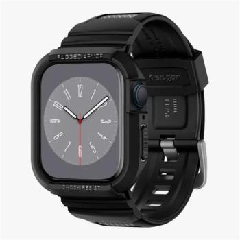 SPIGEN RUGGED ARMOR PRO pótszíj (egyedi méret, szilikon, közepesen ütésálló, állítható + szilikon keret) FEKETE Apple Watch Series 4 44mm, Apple Watch Series 5 44mm, Apple Watch Series 6 44 kép