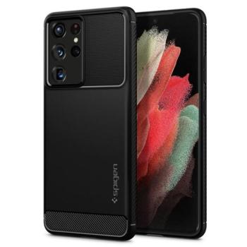 SPIGEN RUGGED ARMOR szilikon telefonvédő (közepesen ütésálló, légpárnás sarok, karbon minta) FEKETE Samsung Galaxy S21 Ultra (SM-G998) 5G kép