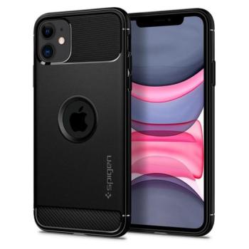 SPIGEN RUGGED ARMOR szilikon telefonvédő (közepesen ütésálló, légpárnás sarok, karbon minta, logó kivágás) FEKETE Apple iPhone 11 kép