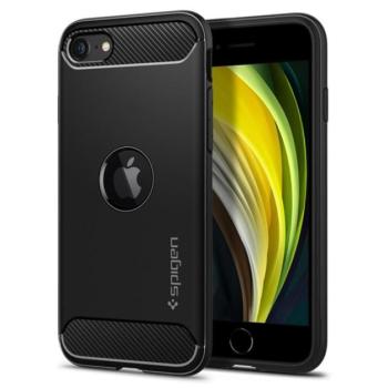 SPIGEN RUGGED ARMOR szilikon telefonvédő (közepesen ütésálló, légpárnás sarok, karbon minta, logó kivágás) FEKETE Apple iPhone SE 2 (2020), Apple iPhone SE 3 (2022) kép