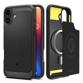 SPIGEN RUGGED ARMOR szilikon telefonvédő (ütésállóság, légpárnás sarok, karbon minta, MagSafe) FEKETE Apple iPhone 16 Plus kép