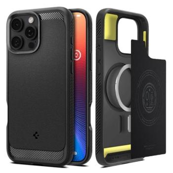 SPIGEN RUGGED ARMOR szilikon telefonvédő (ütésállóság, légpárnás sarok, karbon minta, MagSafe) FEKETE Apple iPhone 16 Pro kép