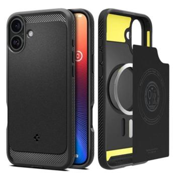 SPIGEN RUGGED ARMOR szilikon telefonvédő (ütésállóság, légpárnás sarok, karbon minta, MagSafe) FEKETE Apple iPhone 16 kép