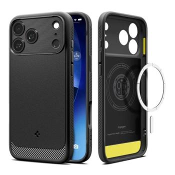 SPIGEN RUGGED ARMOR szilikon telefonvédő (ütésállóság, légpárnás sarok, karbon minta, MagSafe) FEKETE Apple iPhone 17 Pro Max kép