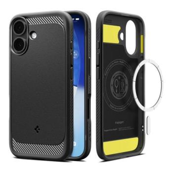SPIGEN RUGGED ARMOR szilikon telefonvédő (ütésállóság, légpárnás sarok, karbon minta, MagSafe) FEKETE Apple iPhone 17 kép