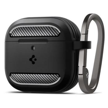 SPIGEN RUGGED ARMOR szilikon tok (ütésállóság, karabíner, karbon minta) FEKETE Apple AirPods 4 kép