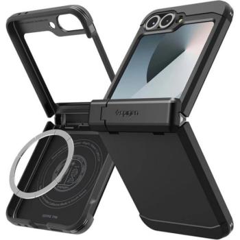 SPIGEN TOUGH ARMOR PRO műanyag telefonvédő (ütésállóság, kitámasztó, karbon minta, MagSafe) FEKETE Samsung Galaxy Z Flip6 (SM-F741), Galaxy Z Flip7 FE (SM-F761) kép