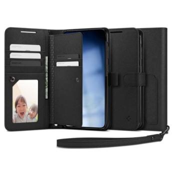 SPIGEN WALLET S PLUS tok álló, bőr hatású (FLIP, oldalra nyíló, textil minta) FEKETE Samsung Galaxy S23 Plus (SM-S916) kép