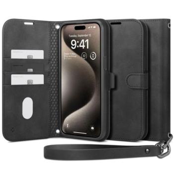 SPIGEN WALLET S PRO tok álló, bőr hatású (FLIP, oldalra nyíló, textil minta) FEKETE Apple iPhone 15 Pro kép