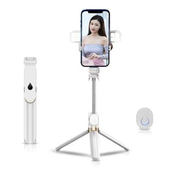 Stand XT-06S fehér bluetooth-os tripoddá alakítható selfie bot levehető LED fénnyel kép