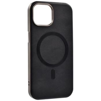 Szilikon telefonvédő (ECO bőr hatású hátlap, karcolásmentesítő belső, fém kameravédő, MagSafe, prémium) FEKETE Apple iPhone 15 kép