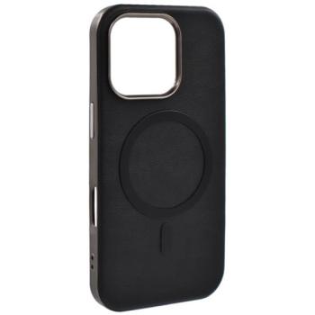 Szilikon telefonvédő (ECO bőr hatású hátlap, karcolásmentesítő belső, fém kameravédő, MagSafe, prémium) FEKETE Apple iPhone 16 Pro Max kép