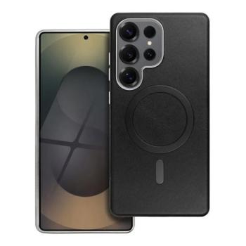 Szilikon telefonvédő (ECO bőr hatású hátlap, karcolásmentesítő belső, fém kameravédő, MagSafe, prémium) FEKETE Samsung Galaxy S25 Ultra (SM-S938) kép