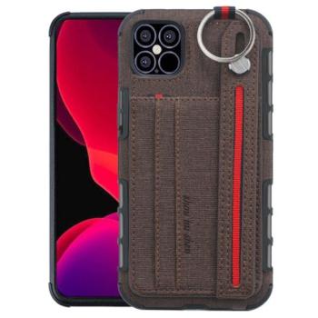 Szilikon telefonvédő (közepesen ütésálló, asztali tartó funkció, bankkártya tartó, textil hátlap + kézpánt) BARNA Apple iPhone 12 mini kép