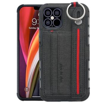 Szilikon telefonvédő (közepesen ütésálló, asztali tartó funkció, bankkártya tartó, textil hátlap + kézpánt) FEKETE Apple iPhone 12, Apple iPhone 12 Pro kép