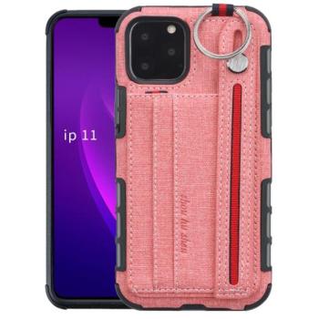 Szilikon telefonvédő (közepesen ütésálló, asztali tartó funkció, bankkártya tartó, textil hátlap + kézpánt) RÓZSASZÍN Apple iPhone 11 Pro kép