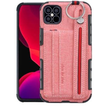 Szilikon telefonvédő (közepesen ütésálló, asztali tartó funkció, bankkártya tartó, textil hátlap + kézpánt) RÓZSASZÍN Apple iPhone 12 mini kép