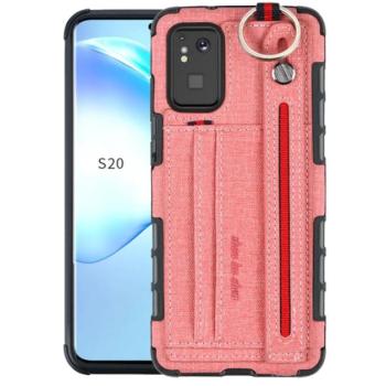 Szilikon telefonvédő (közepesen ütésálló, asztali tartó funkció, bankkártya tartó, textil hátlap + kézpánt) RÓZSASZÍN Samsung Galaxy S20 Plus (SM-G985F) kép