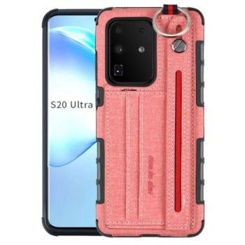 Szilikon telefonvédő (közepesen ütésálló, asztali tartó funkció, bankkártya tartó, textil hátlap + kézpánt) RÓZSASZÍN Samsung Galaxy S20 Ultra (SM-G988F) kép