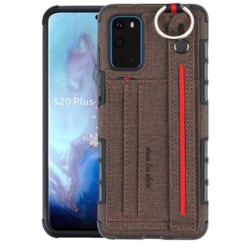 Szilikon telefonvédő (közepesen ütésálló, asztali tartó funkció, bankkártya tartó, textil hátlap + kézpánt) SÖTÉTBARNA Samsung Galaxy S20 (SM-G980F) kép