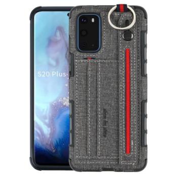Szilikon telefonvédő (közepesen ütésálló, asztali tartó funkció, bankkártya tartó, textil hátlap + kézpánt) SZÜRKE Samsung Galaxy S20 (SM-G980F) kép