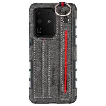 Szilikon telefonvédő (közepesen ütésálló, asztali tartó funkció, bankkártya tartó, textil hátlap + kézpánt) SZÜRKE Samsung Galaxy S20 Ultra (SM-G988F) kép