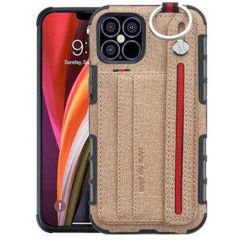Szilikon telefonvédő (közepesen ütésálló, asztali tartó funkció, bankkártya tartó, textil hátlap + kézpánt) VILÁGOSBARNA Apple iPhone 12, Apple iPhone 12 Pro kép