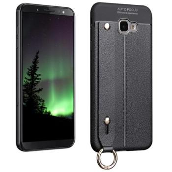 Szilikon telefonvédő (közepesen ütésálló, asztali tartó funkció, bőr hatású, varrás minta + kézpánt) FEKETE Samsung Galaxy J4 Plus (SM-J415F) kép