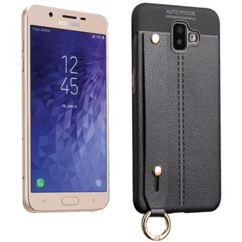 Szilikon telefonvédő (közepesen ütésálló, asztali tartó funkció, bőr hatású, varrás minta + kézpánt) FEKETE Samsung Galaxy J6 Plus (SM-J610F) kép