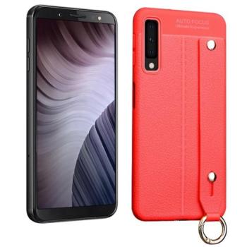 Szilikon telefonvédő (közepesen ütésálló, asztali tartó funkció, bőr hatású, varrás minta + kézpánt) PIROS Samsung Galaxy A7 (2018) SM-A750F kép