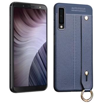 Szilikon telefonvédő (közepesen ütésálló, asztali tartó funkció, bőr hatású, varrás minta + kézpánt) SÖTÉTKÉK Samsung Galaxy A7 (2018) SM-A750F kép